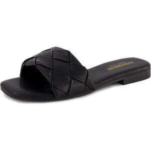 Women's Black Casual Comfortable Leather Foam Slip On Flat Slide Sandals Shoes